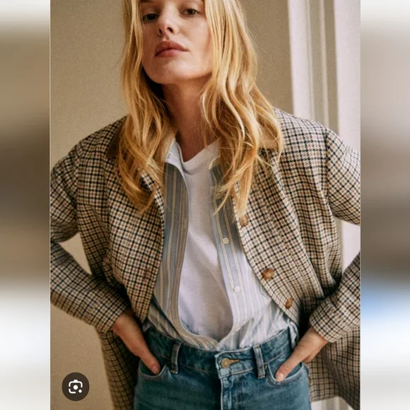 SÉZANE Will Cream Brown Houndstooth Plaid Wool Jacket RARE size Small NWT - Picture 3 of 13